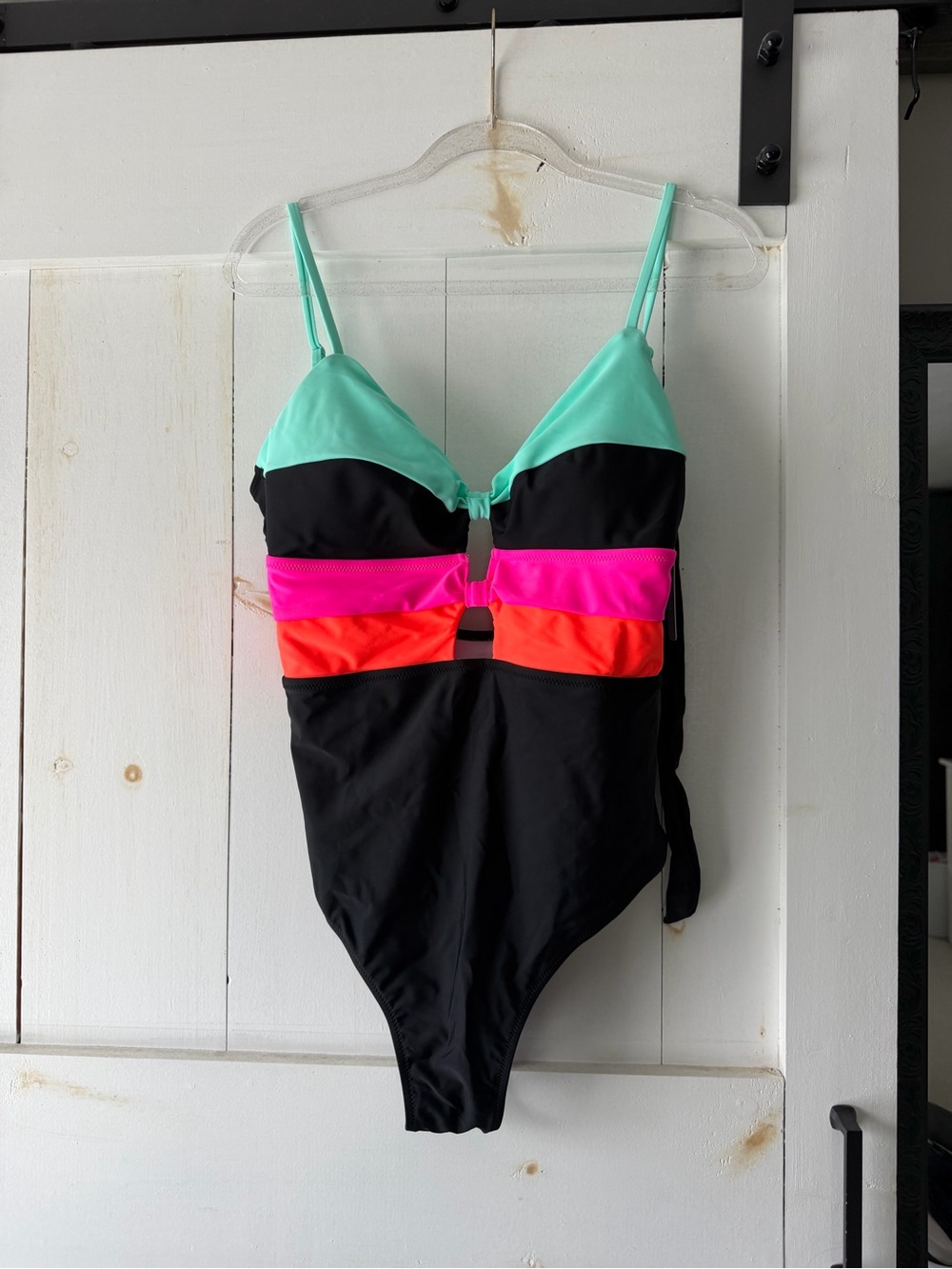 Popvil Black One-Piece Swimsuit with Mint, Hot Pink & Neon Orange Accents